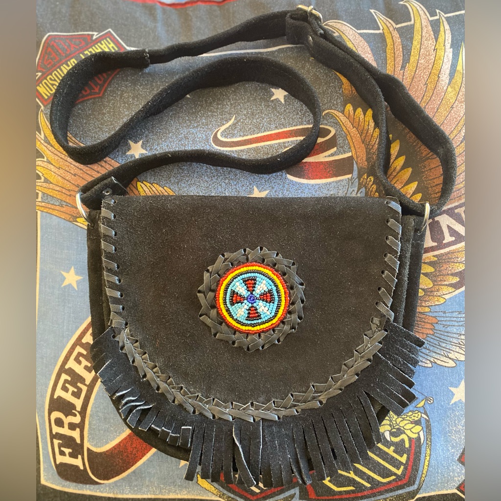 Vtg Suede Belt/Crossbody Black Beaded Fringe Purse Bag! Artisan Made In Pakistan